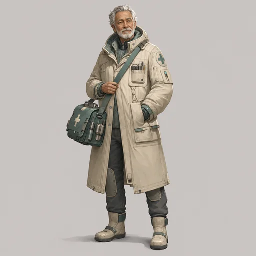 An older orbital-station medic in a cream utility coat stands calmly with a teal medical satchel.