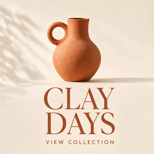 Centered terracotta vase above CLAY DAYS and VIEW COLLECTION.
