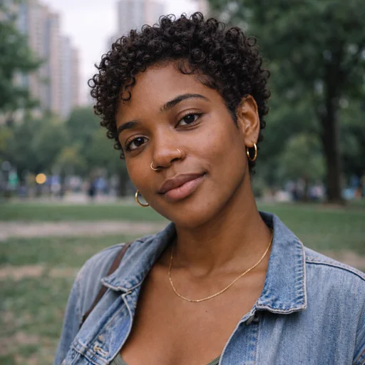 A woman in a denim jacket with a short softly tapered curly pixie cut.