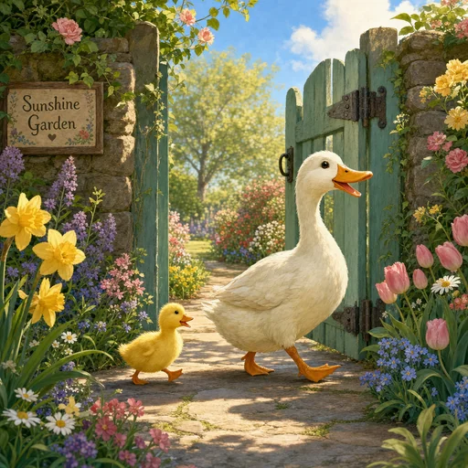 Duckling follows its mother through a sunny flower garden gate.