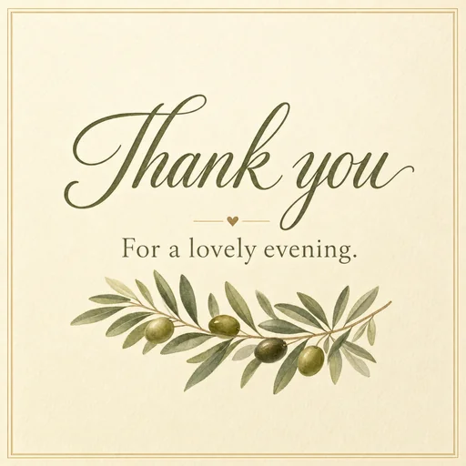 A olive branch host card with a warm thank-you message.