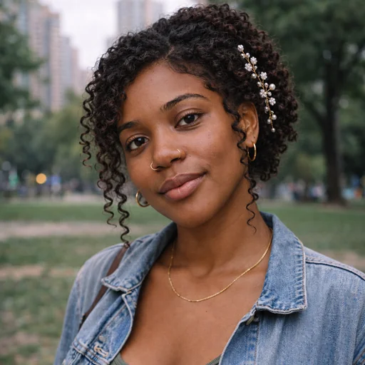 A woman previews a curly bridal updo with loose tendrils and a delicate pearl-like hair ornament.
