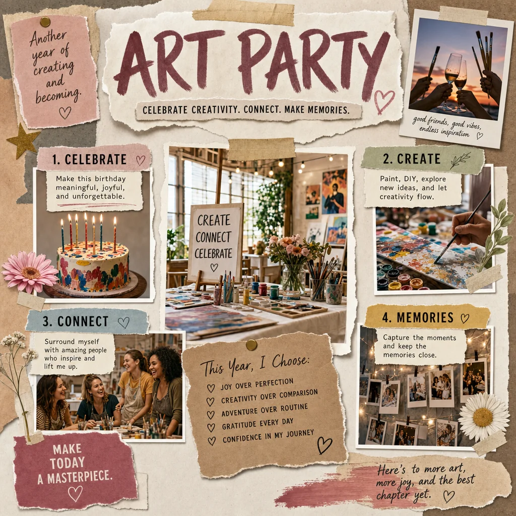 Art Party vision board with goals to celebrate, create, connect and remember.