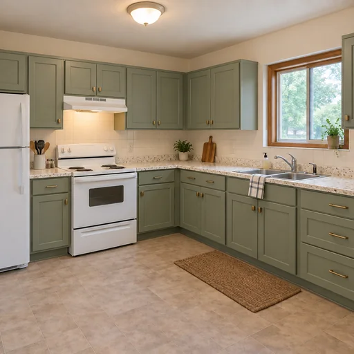 Kitchen with sage Shaker cabinets, cream terrazzo counters, white appliances and a wood-framed window.