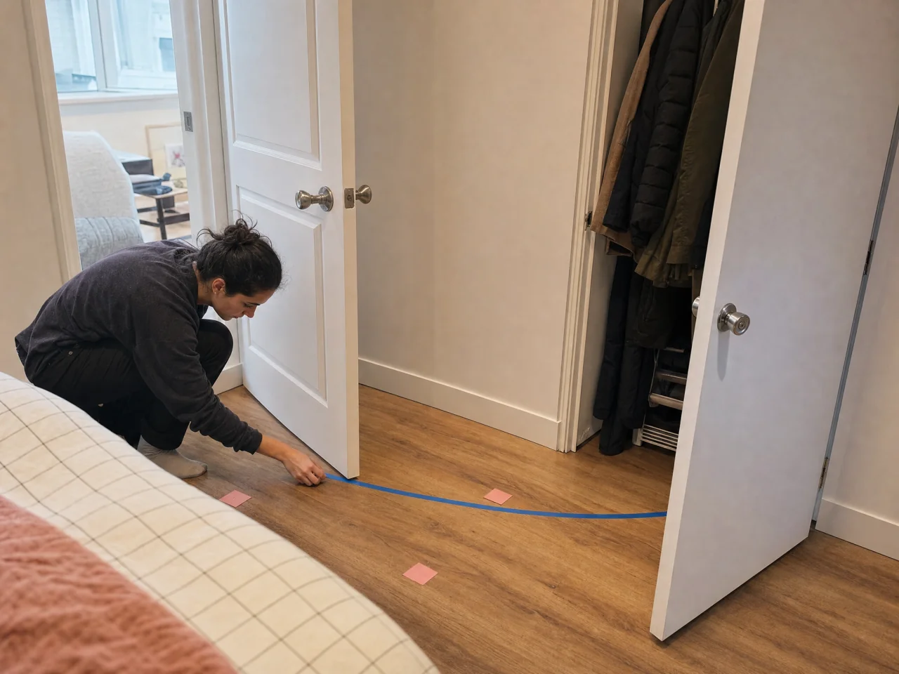 Compact bedroom corner with the door arc marked on the floor with tape and the closet door open to show required clearance