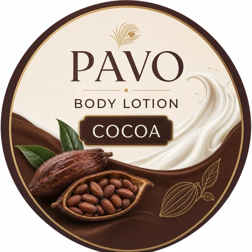 PAVO body lotion label in cocoa and cream with one cocoa-pod outline.