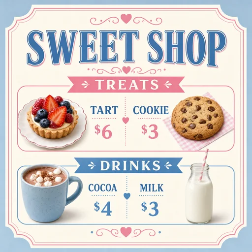 Blue and pink sweet-shop menu with treats and drinks.