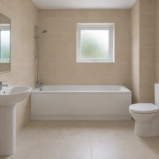 The reference bathroom with sand-beige matte wall tiles and existing fixtures.