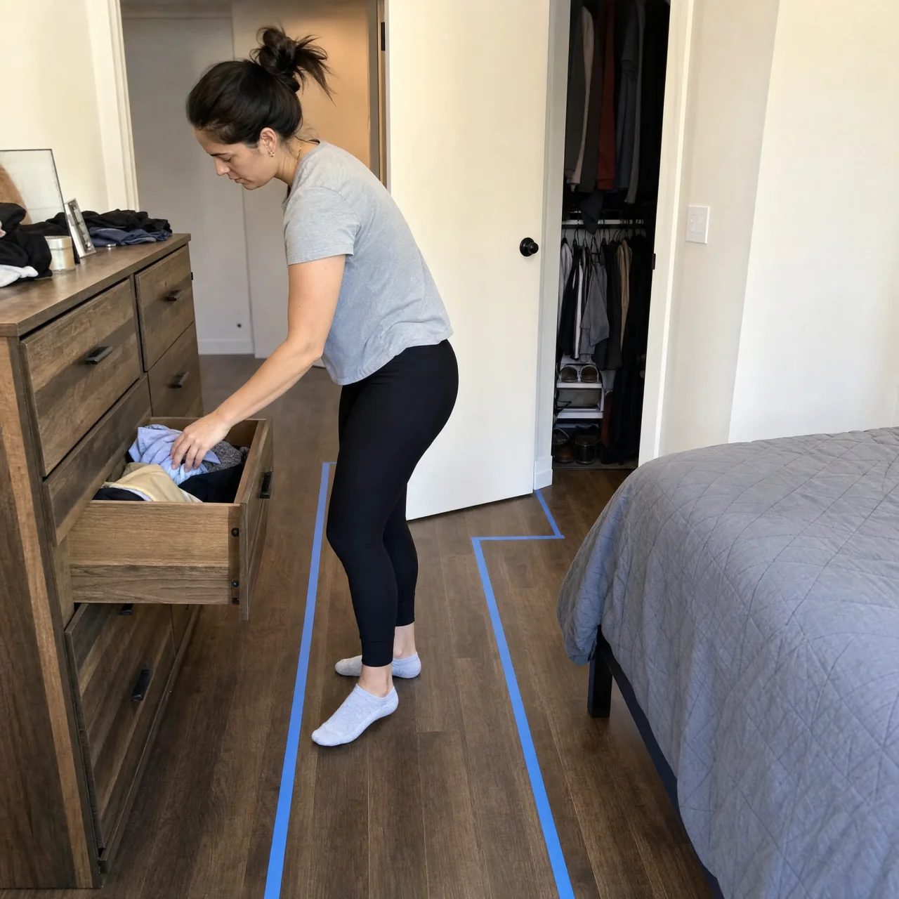 Person walking a taped route in a small bedroom, pulling a dresser drawer open while the closet door is mid-swing with visible clearance from the dresser.