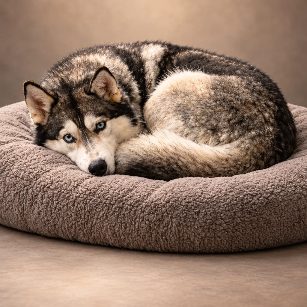 A blue-eyed husky lies curled on a taupe fleece bed against a warm neutral studio backdrop.