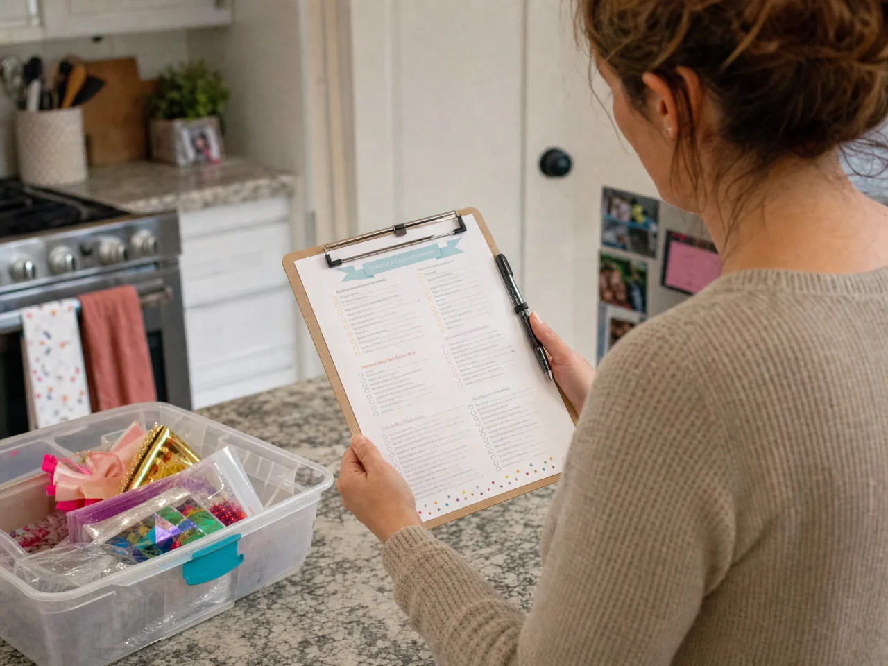Person holding a clipboard with a reusable birthday checklist and a small supplies box on the counter