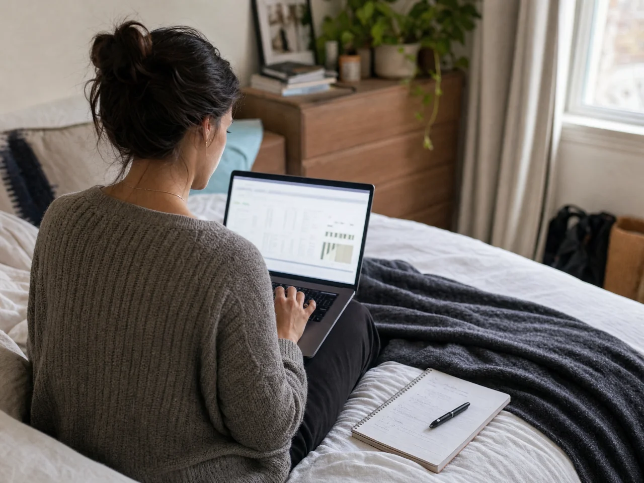 Person sitting on a bed using an open laptop with a notepad beside them, preparing room details for a bedroom plan.