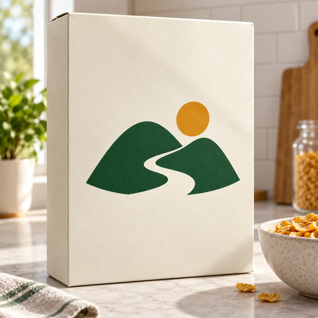 An ivory cereal-box mockup with the supplied green hills and ochre sun logo.