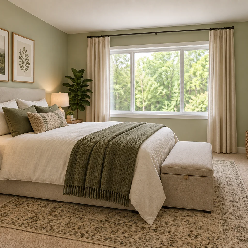 Sage-green bedroom with cream bedding, olive throw, storage bench and a wide wooden dresser.