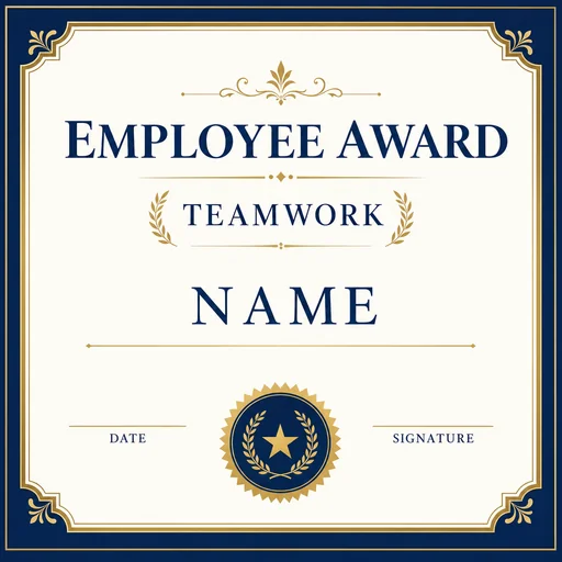Navy and gold EMPLOYEE AWARD certificate with TEAMWORK, NAME, DATE and SIGNATURE fields.