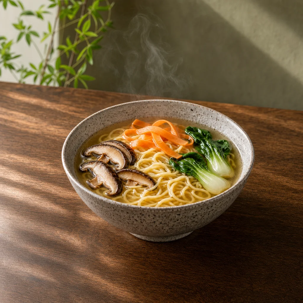 Speckled bowl with mushrooms, bok choy, carrot ribbons and noodles remains recognizable.