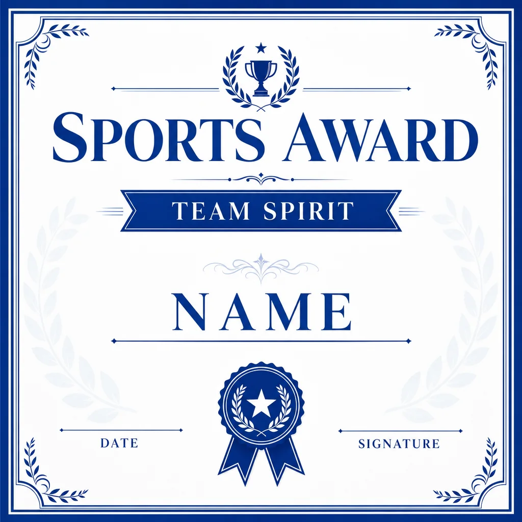 Cobalt and white SPORTS AWARD certificate with TEAM SPIRIT and blank name, date and signature areas.