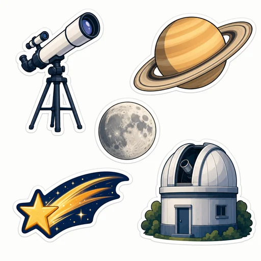 Five coordinated astronomy stickers showing a telescope, ringed planet, moon, shooting star and observatory.