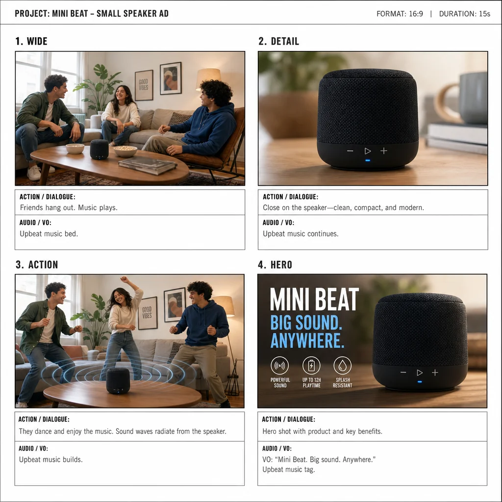 A four-frame small-speaker advertisement labeled WIDE, DETAIL, ACTION and HERO.