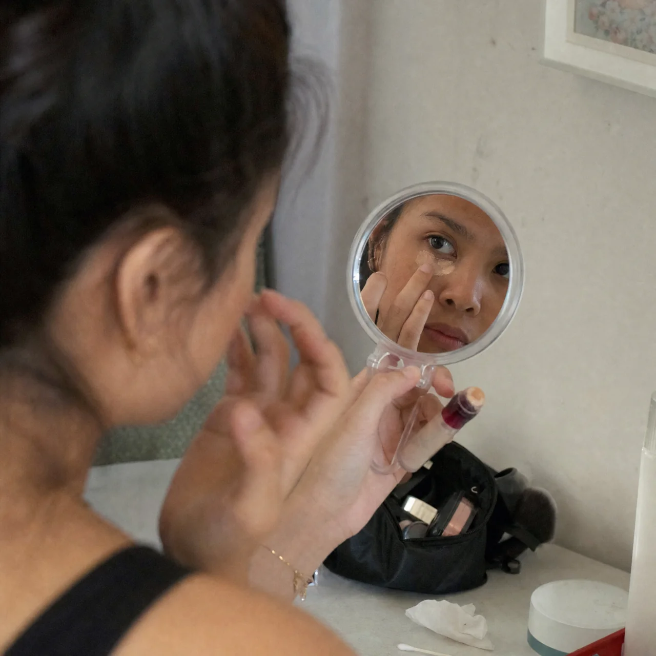 Person dabbing concealer under their eye with a fingertip while checking the result in a handheld mirror at a dressing table.
