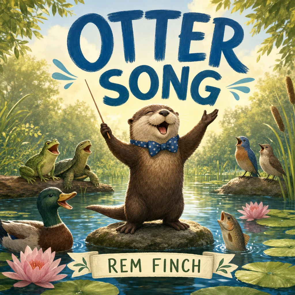 Otter Song cover by Rem Finch showing an otter conducting cheerful pond animals.