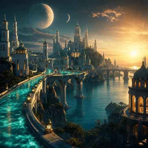 White towers rise over a teal lagoon and elevated canals beneath two moons in amber dusk light.