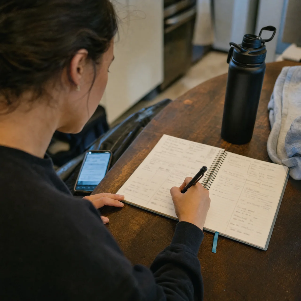 A parent revising a workout notebook at the kitchen table, making small adjustments after the first week.