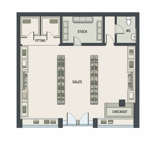 Refined retail store floor plan preserving the original layout, labels and furnishings.