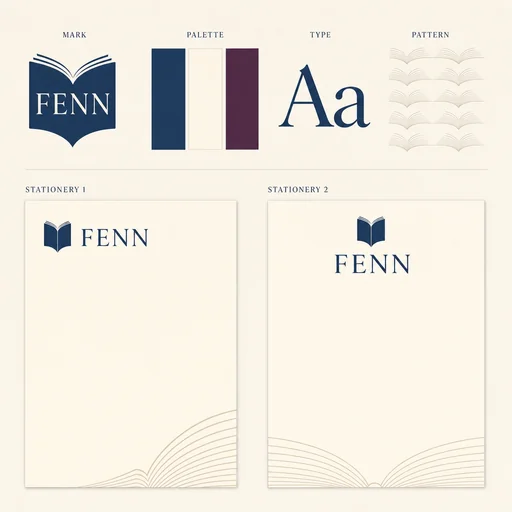 FENN book mark, blue/ivory/plum palette, serif Aa and page pattern are present.