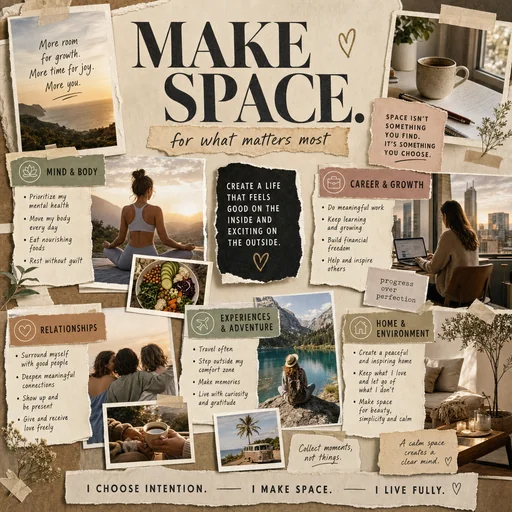 A MAKE SPACE vision board with five goal clusters.