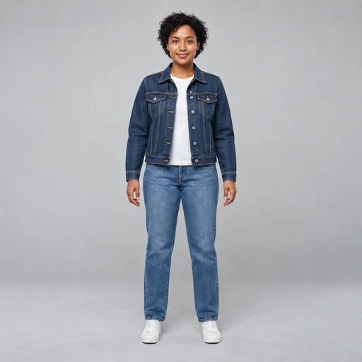 A woman stands against a gray studio background wearing a dark denim jacket over a white shirt with jeans and white sneakers.