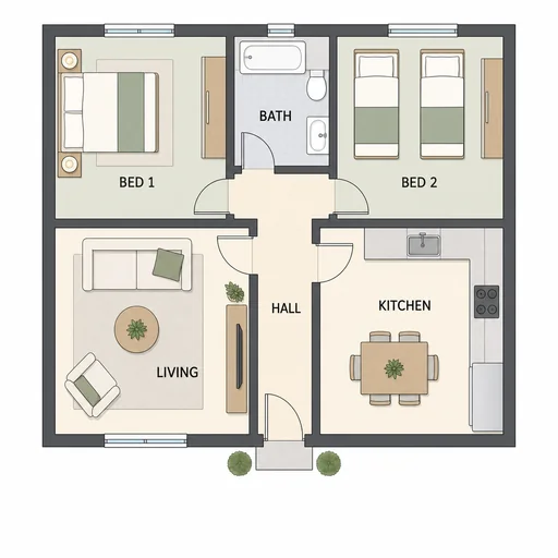 Unmeasured two-bedroom cottage plan with living room, kitchen and central hall.