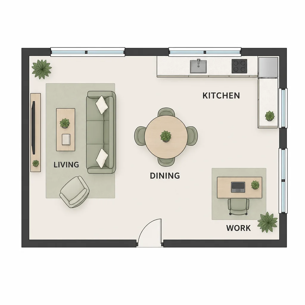 Refined open-plan floor layout preserving supplied rooms and furnishings.