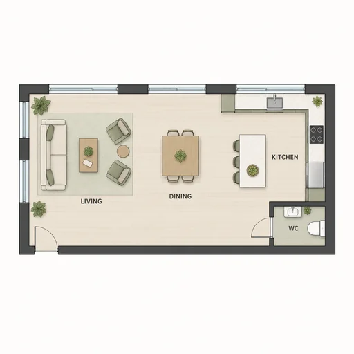 Source 1 for Open-plan floor layout: rectangular open living core.