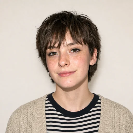 Passport-style portrait of the selected short-haired person wearing a striped top and cardigan on a neutral background.