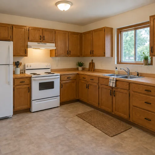 The reference kitchen with warm oak butcher-block counters.