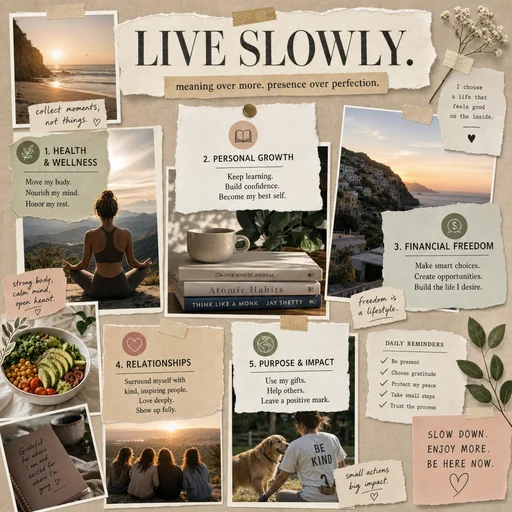 A LIVE SLOWLY vision board with five goal areas and daily reminders.