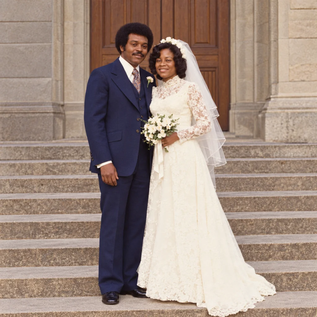 A restored wedding photo of a bride with a bouquet and a groom in a blue suit standing on stone steps.