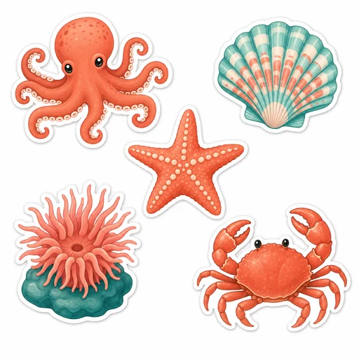 Five coral-and-teal tidepool stickers.