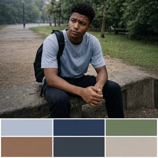 Gray-shirt portrait above a six-swatch wardrobe palette in three columns and two rows.
