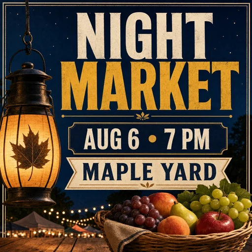 Night Market poster with one lantern and one fruit basket.