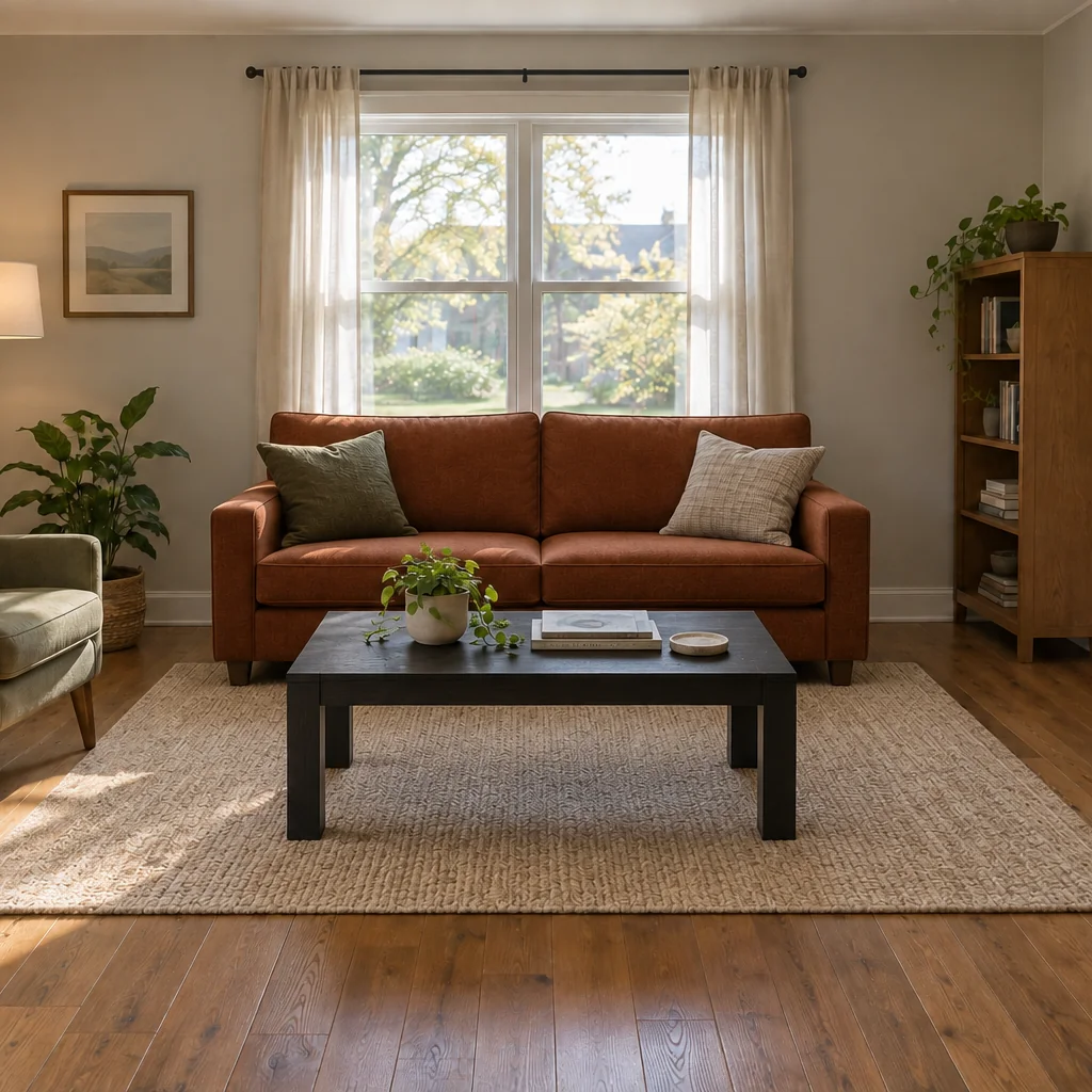 Living room with a rust sofa, black coffee table and beige rug.