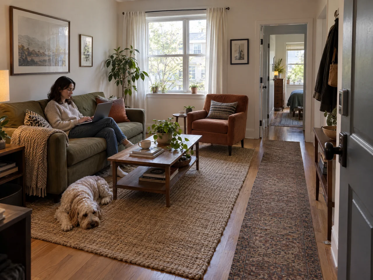 Compact living room with a sofa, angled armchair, and small coffee table beside a clear walking path connecting two doorways, with a window on the back wall.