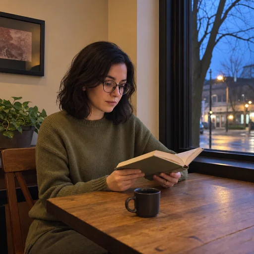 A woman wearing glasses reads a book beside a cafe window at dusk, with warm indoor light and a mug on the table.