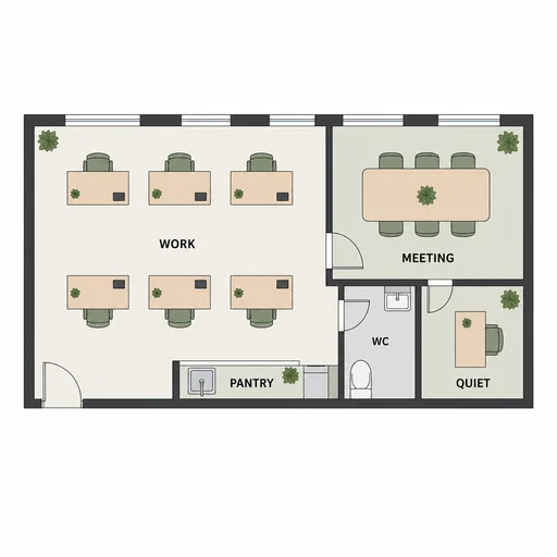 Six-person design office with meeting room, pantry, quiet room and WC.