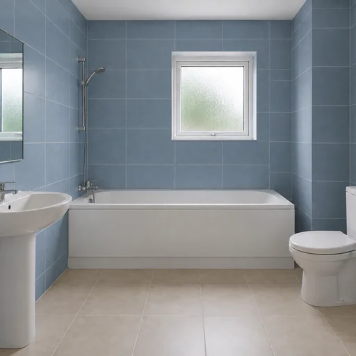 The reference bathroom with dusty-blue satin wall tiles and existing white fixtures.