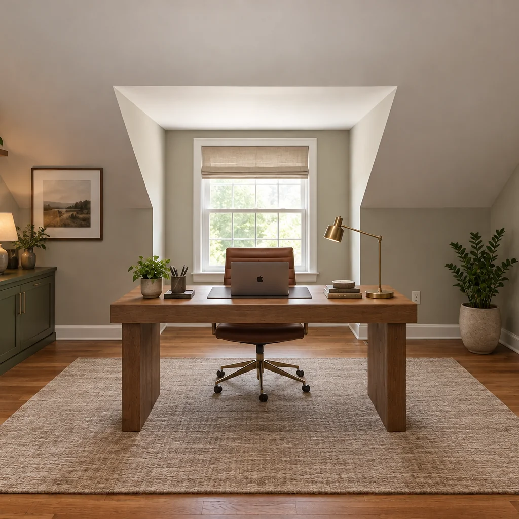 Attic home office with a wooden desk, leather chair, green credenza and shelves beneath sloping ceilings.